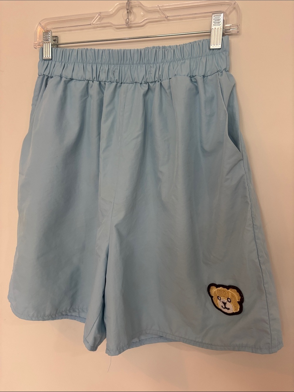 ROMWE Light Blue Elastic Waist Shorts with Cute bear Patch